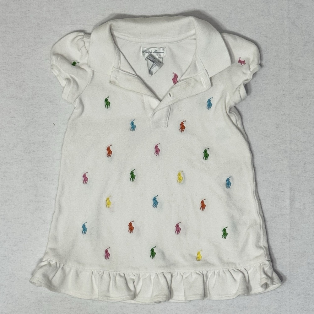 Ralph Lauren Allover Multicolor Pony Logo Polo Dress White Baby Girl 9M